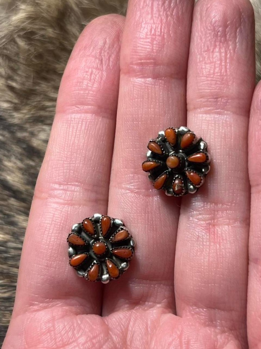 Sterling silver Native American Zuni petit point coral flower earrings